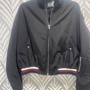 BSBW Black Bomber Jacket Cropped Ribbed Cuffs Zip Front Utility Pockets Womens M